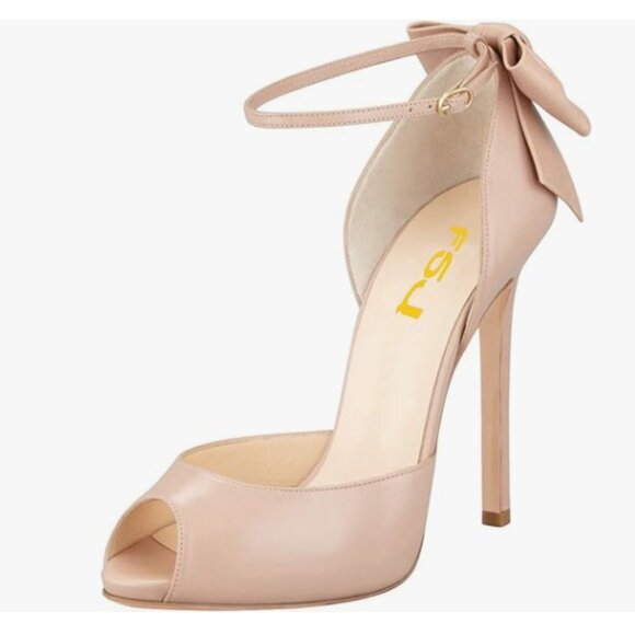 FSJ Nude High Heels Sandals Peep Toe Pumps Ankle Straps Bows Bridal Dress Shoes - Picture 1 of 8